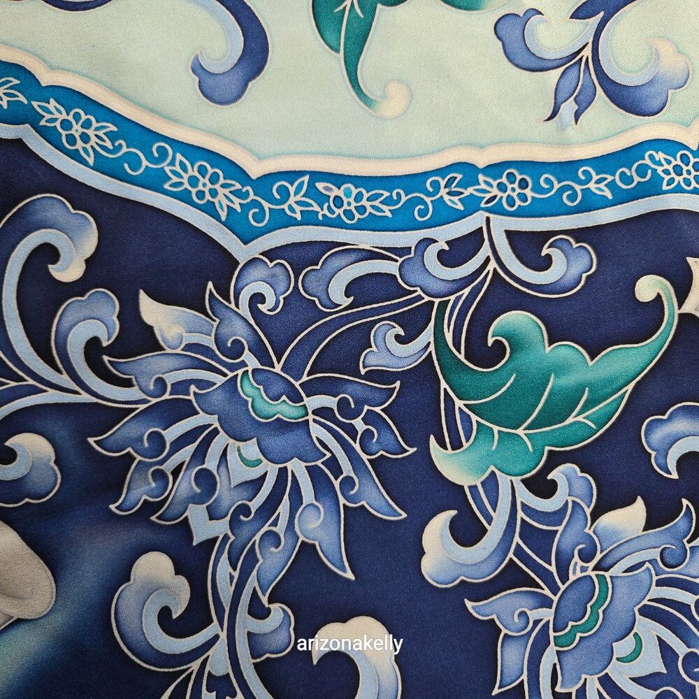 Large Silk Scarf Hand-Rolled Hems Blue - Picture 11 of 12